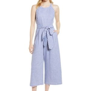 Jumpsuit Blue White Striped Halter Neck, Crop Leg